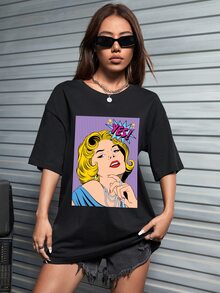 Joe McDermott Pop Art Print Drop Shoulder Oversized Tee - Black - View 1