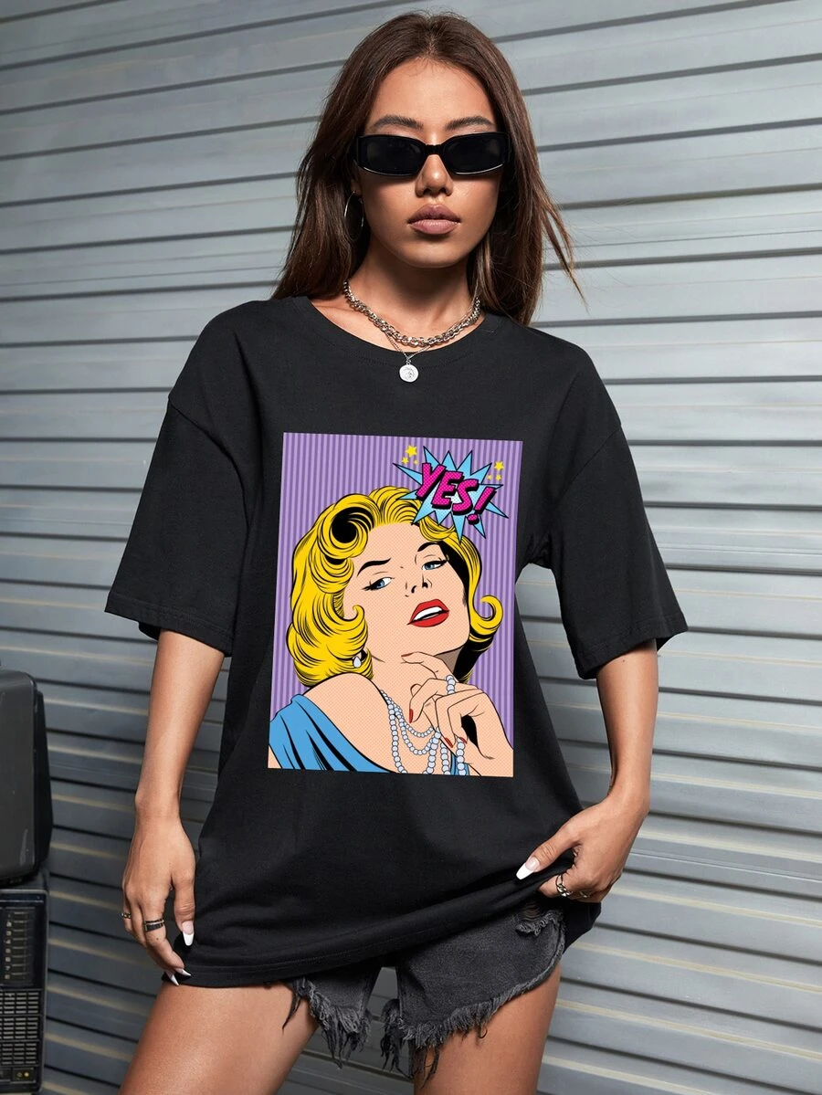 Joe McDermott Pop Art Print Drop Shoulder Oversized Tee - Black - View 1