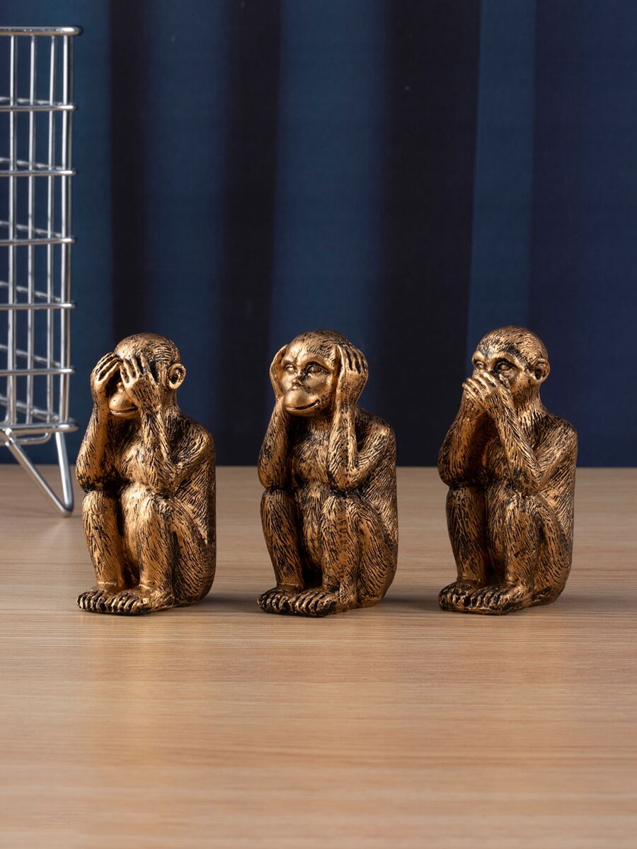 1pc Resin Craft Three No Evil Monkey Sculpture For Office, Garden Decoration Or Office Desk Ornament - Bronze - View 1