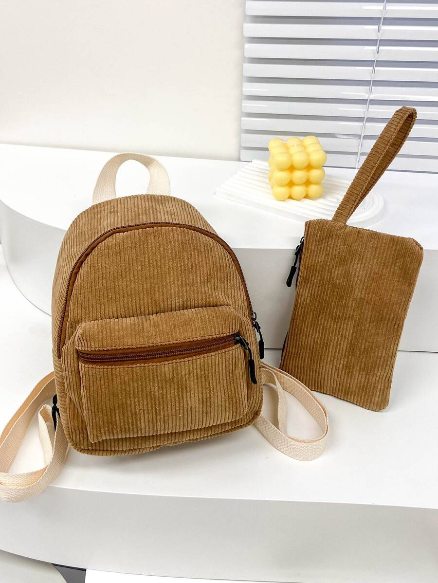 Pocket Front Classic Backpack With Purse - Brown - View 1