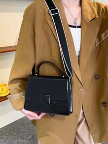 針腳細節翻蓋方包 - 黑色 - 查看 1