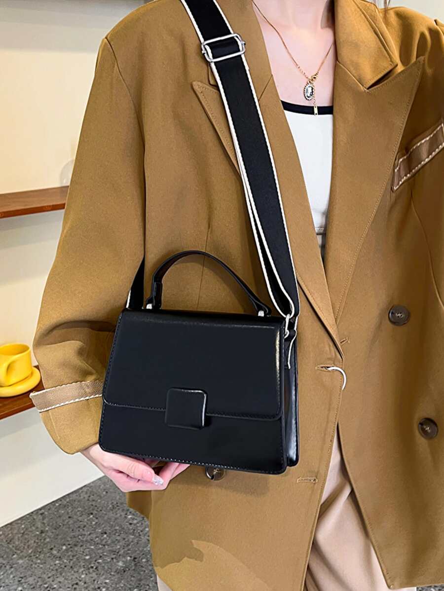 針腳細節翻蓋方包 - 黑色 - 查看 1