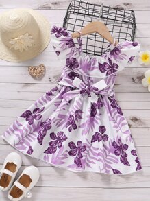 Toddler Girls Floral Print Cold Shoulder Ruffle Trim Belted Dress - White - View 1