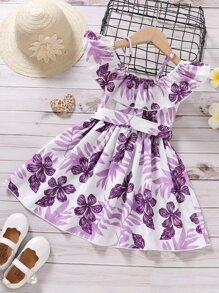 Toddler Girls Floral Print Cold Shoulder Ruffle Trim Belted Dress - White - View 2