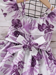 Toddler Girls Floral Print Cold Shoulder Ruffle Trim Belted Dress - White - View 4