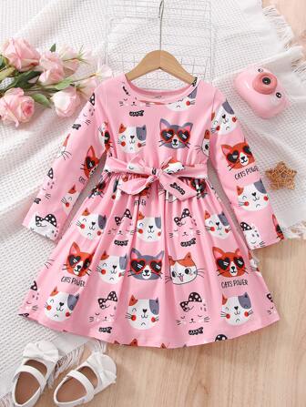 小女童貓印花繫腰帶連衣裙