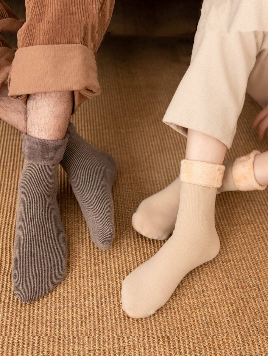 兩雙素色抓絨內襯中筒襪 - 彩色 - 查看 1