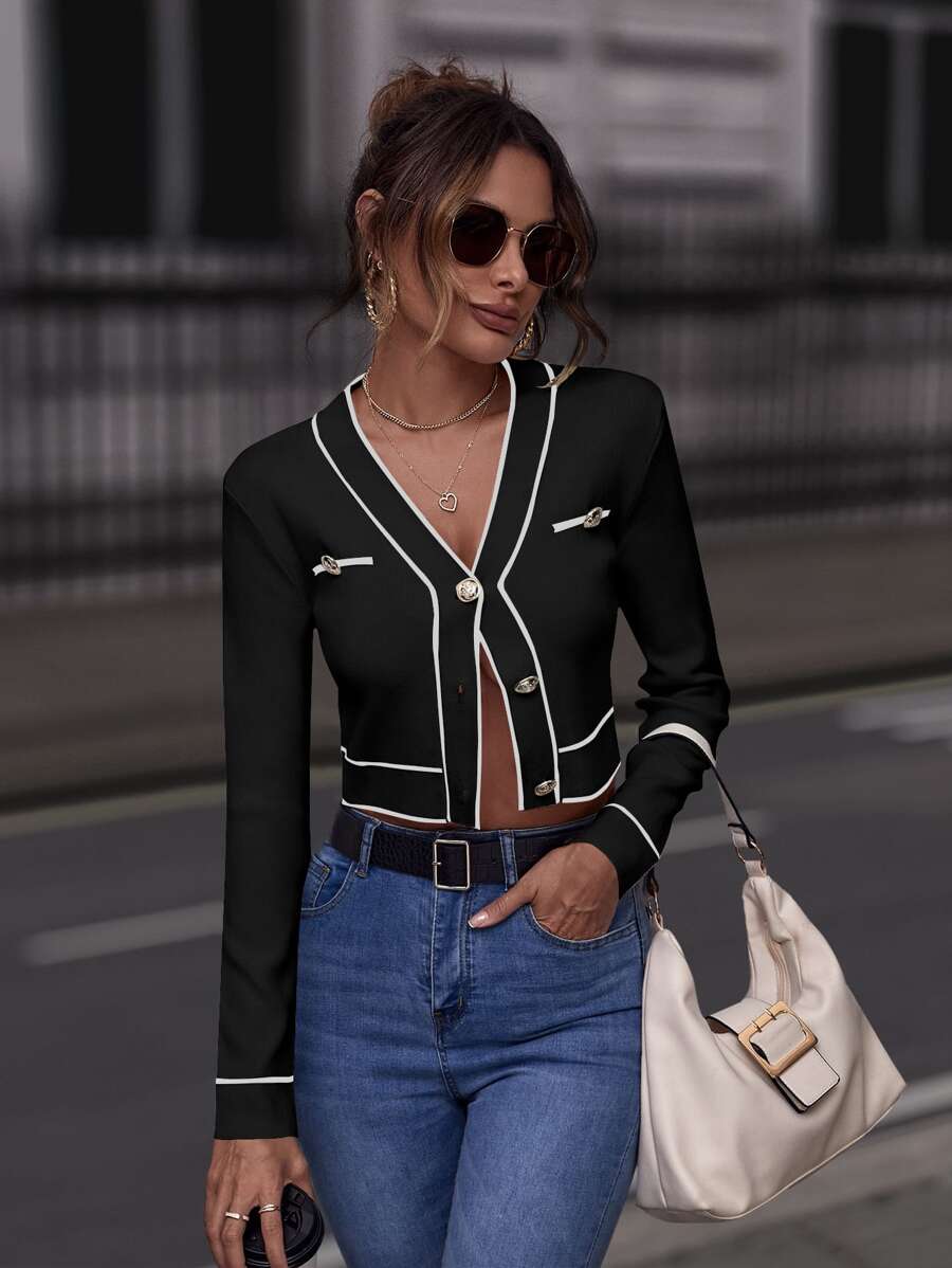 SHEIN Clasi White Cardigan Contrast Binding Button Front Cardigan,Long Sleeve Tops,Knitted Sweater In Fall/Winter - Black - View 1