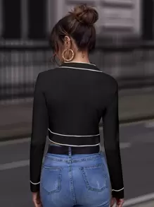 SHEIN Clasi White Cardigan Contrast Binding Button Front Cardigan,Long Sleeve Tops,Knitted Sweater In Fall/Winter - Black - View 2