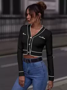 SHEIN Clasi White Cardigan Contrast Binding Button Front Cardigan,Long Sleeve Tops,Knitted Sweater In Fall/Winter - Black - View 3