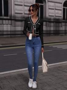 SHEIN Clasi White Cardigan Contrast Binding Button Front Cardigan,Long Sleeve Tops,Knitted Sweater In Fall/Winter - Black - View 5