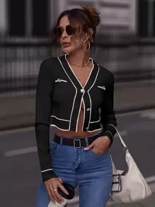 SHEIN Clasi White Cardigan Contrast Binding Button Front Cardigan,Long Sleeve Tops,Knitted Sweater In Fall/Winter - Black - View 6