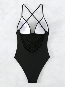 SHEIN Swim Plain Criss Cross One Piece Swimsuit Summer - Black - View 4