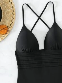 SHEIN Swim Plain Criss Cross One Piece Swimsuit Summer - Black - View 6