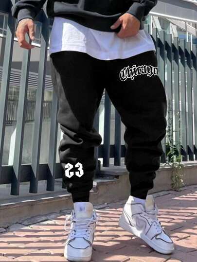 Pantalon de survêtement ample pour hommes avec poches en biais et imprimé graphique de lettres, pantalon de survêtement décontracté avec cordon de serrage, idéal pour les cadeaux pour le mari ou le petit ami