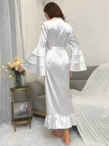 Bata de manga con volante bajo con fruncido con cinturón de satén - Blanco - Ver 2