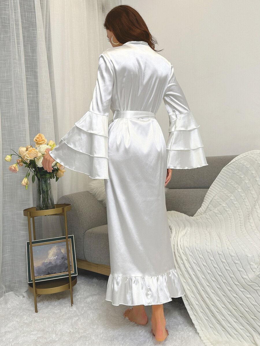 Flounce Sleeve Ruffle Hem Belted Satin Robe | SHEIN UK