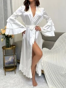 Bata de manga con volante bajo con fruncido con cinturón de satén - Blanco - Ver 3