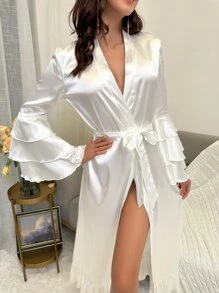 Bata de manga con volante bajo con fruncido con cinturón de satén - Blanco - Ver 5