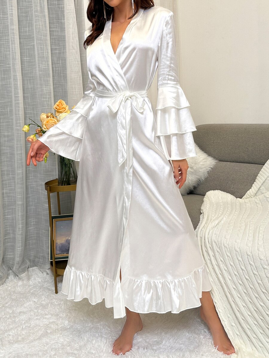 Flounce Sleeve Ruffle Hem Belted Satin Robe | SHEIN UK