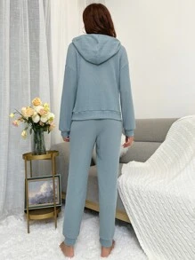 Waffle Knit Hooded Lounge Set - Baby Blue - View 2