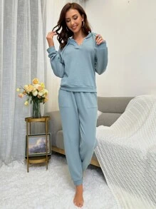 Waffle Knit Hooded Lounge Set - Baby Blue - View 5