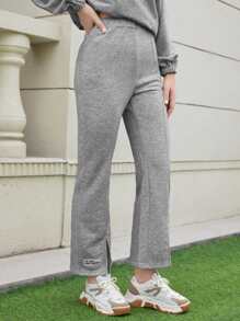 SHEIN EZwear 字母貼布下擺開叉衛褲 - 淺灰色 - 查看 4
