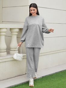 SHEIN EZwear 字母貼布下擺開叉衛褲 - 淺灰色 - 查看 7