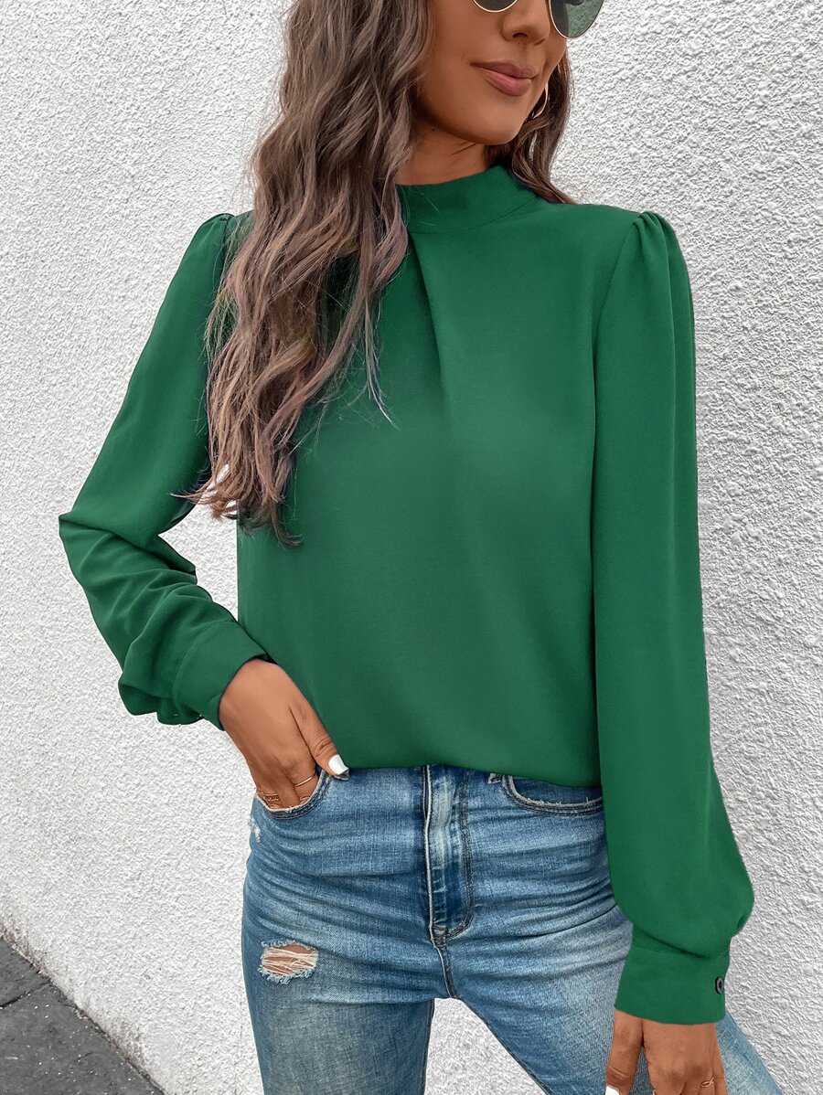 SHEIN Clasi Mock Neck Puff Sleeve Blouse - Green - View 1