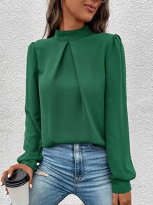 SHEIN Clasi Mock Neck Puff Sleeve Blouse - Green - View 3