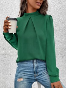 SHEIN Clasi Mock Neck Puff Sleeve Blouse - Green - View 5
