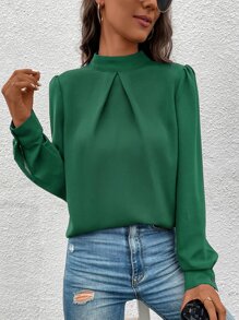 SHEIN Clasi Mock Neck Puff Sleeve Blouse - Green - View 6