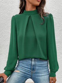 SHEIN Clasi Mock Neck Puff Sleeve Blouse - Green - View 4