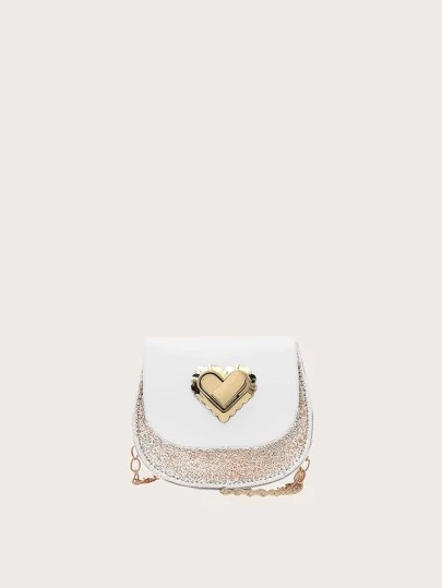 女孩心和亮片裝飾平底鏈條馬鞍包