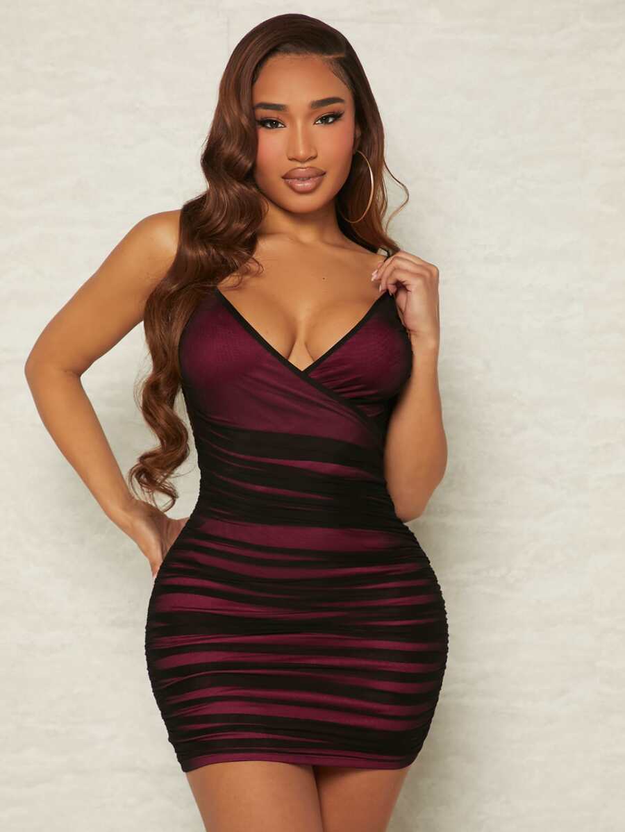 SHEIN SXY Ruched Mesh Bodycon Dress - Burgundy - View 1