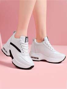 Patch Detail Lace-up Front Wedge Sneakers - White - View 1