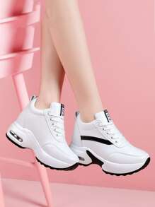 Patch Detail Lace-up Front Wedge Sneakers - White - View 2