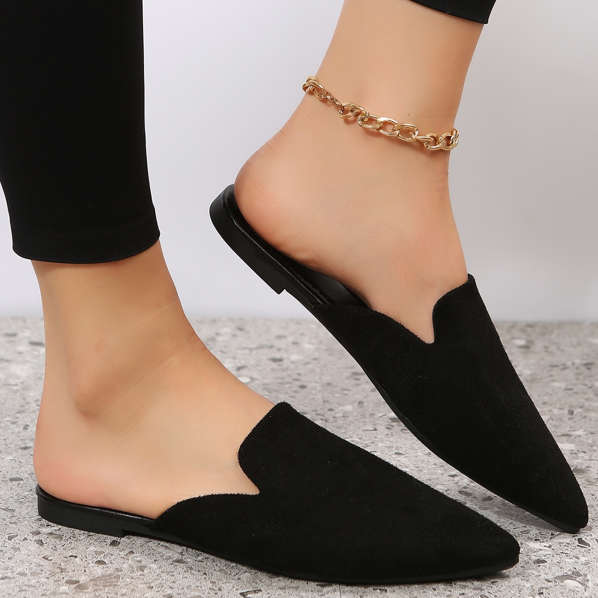 Talla grande UE35-45 Mocasines planos de gamuza negra con punta puntiaguda para primavera/verano, estilo casual, suela blanda y transpirable para muje