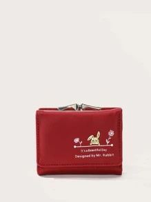 Rabbit & Slogan Graphic Small Wallet - Burgundy - View 1