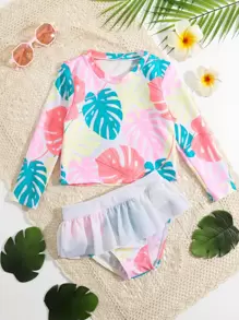Camiseta de protección solar con volantes y estampado tropical para niña, para verano y playa - Multicolor - Ver 1