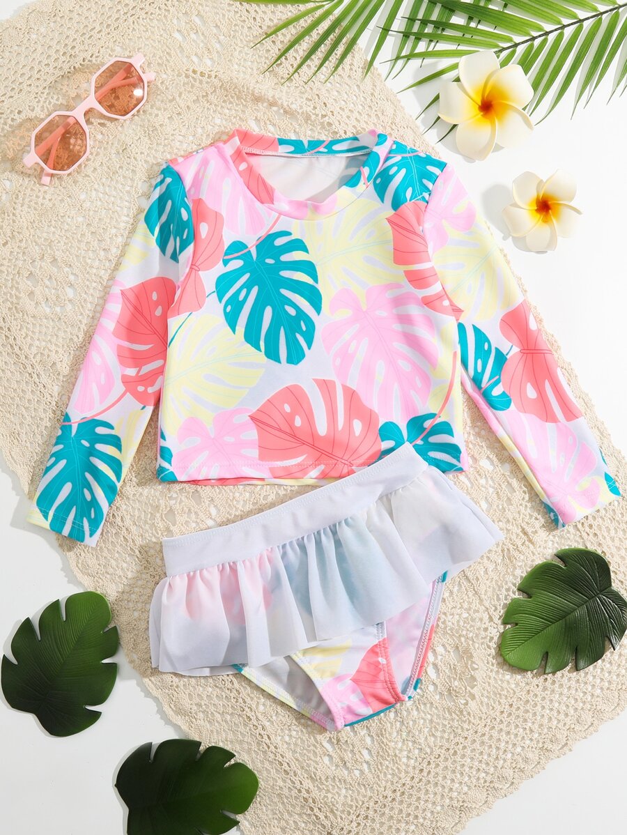 Camiseta de protección solar con volantes y estampado tropical para niña, para verano y playa - Multicolor - Ver 1