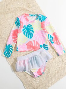 Camiseta de protección solar con volantes y estampado tropical para niña, para verano y playa - Multicolor - Ver 3