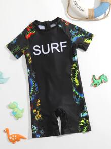 小男童字母和恐龍印花連體泳衣 - 黑色 - 查看 1