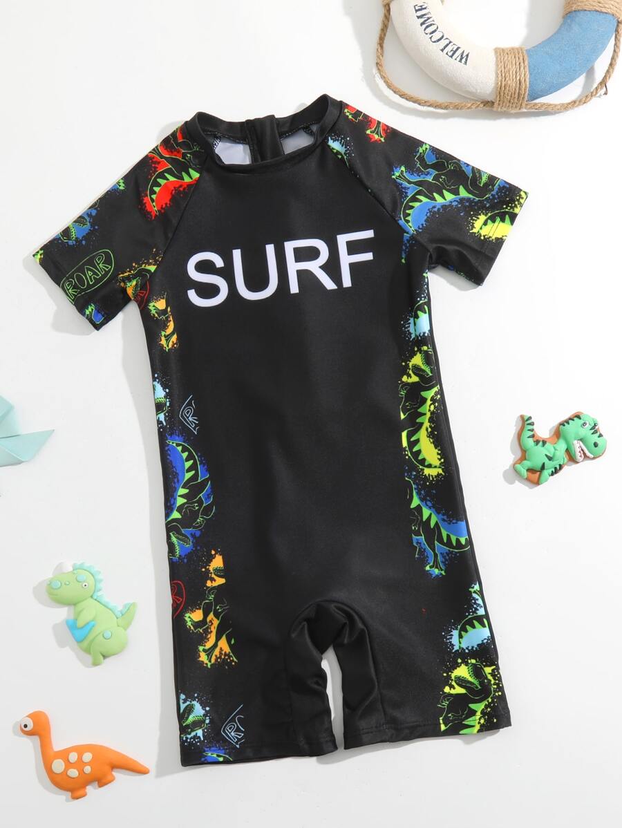 小男童字母和恐龍印花連體泳衣 - 黑色 - 查看 1