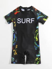 小男童字母和恐龍印花連體泳衣 - 黑色 - 查看 2