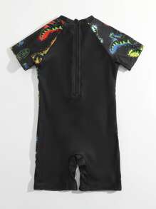 小男童字母和恐龍印花連體泳衣 - 黑色 - 查看 3
