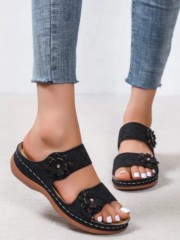 Sandalias con cuña con diseño de flor - Negro - Ver 2