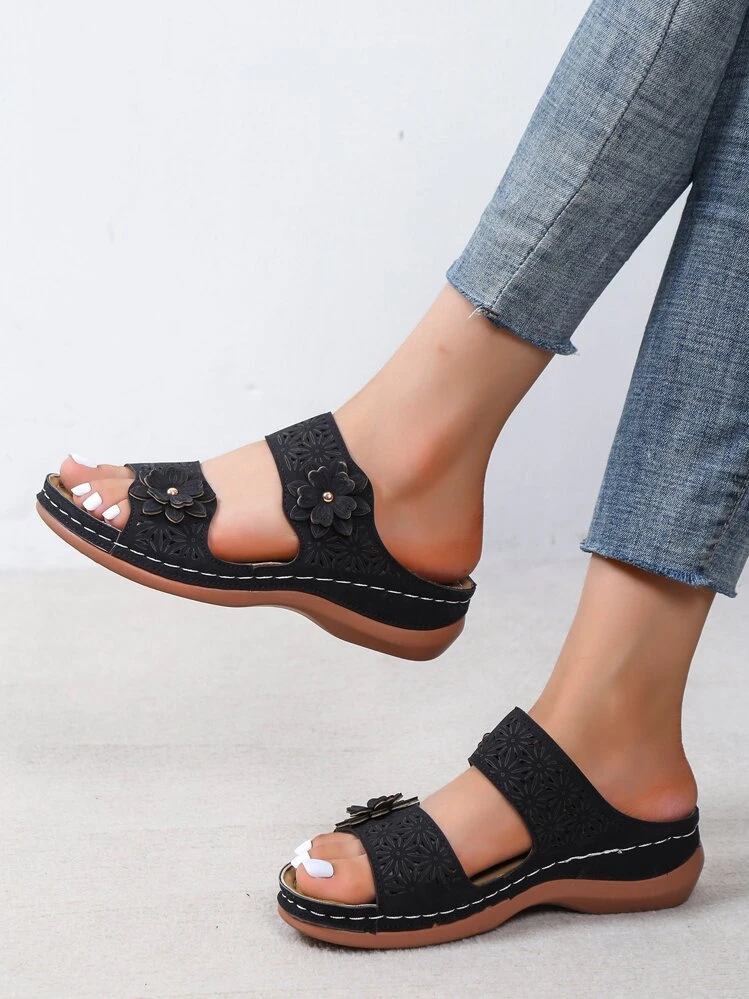 Sandalias con cuña con diseño de flor - Negro - Ver 3