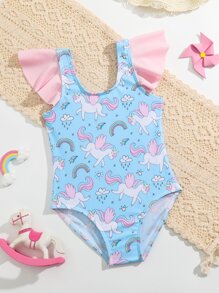 Toddler Girls Unicorn Print Ruffle Trim One Piece Swimsuit - Blue - View 1