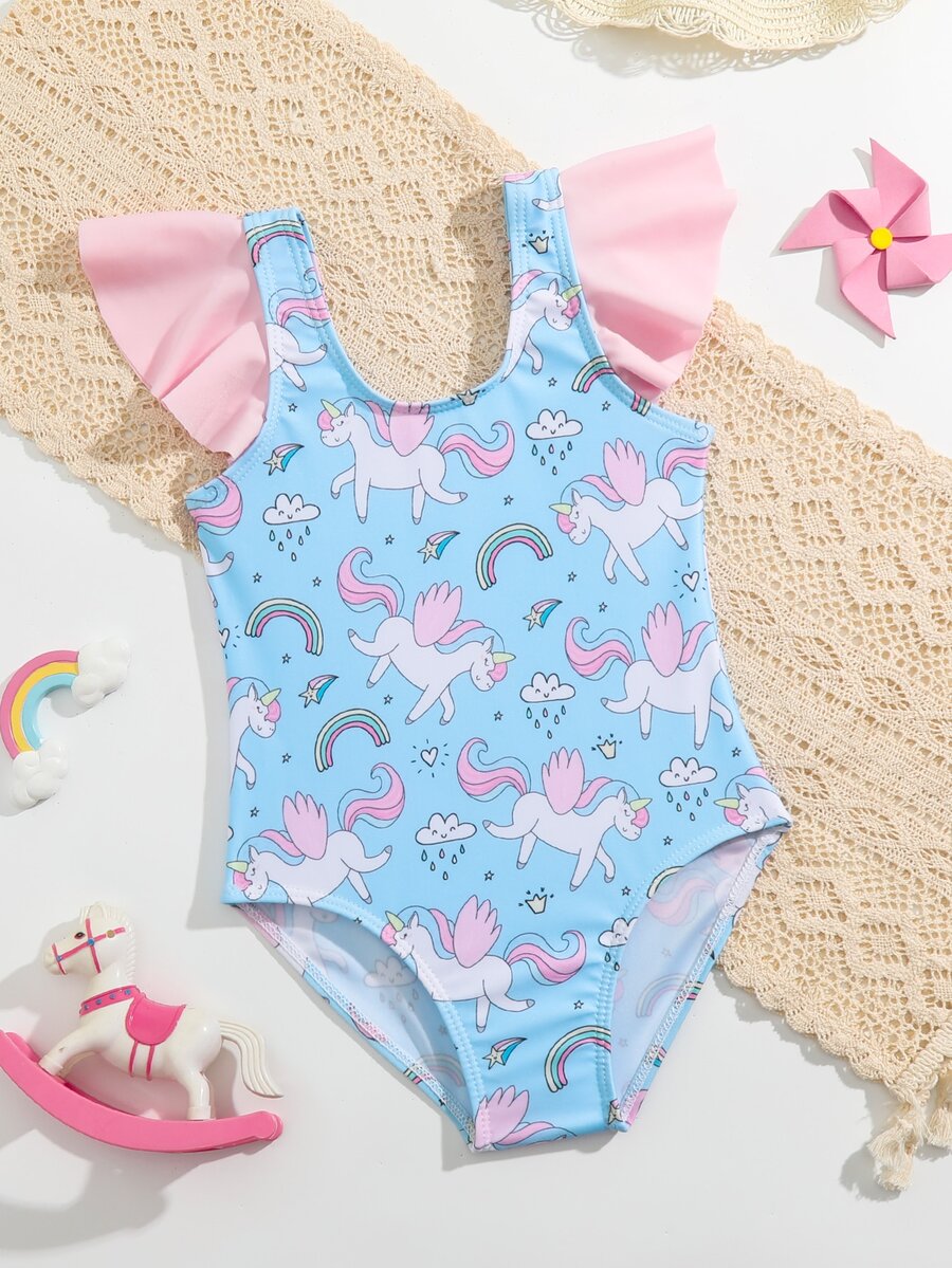 Toddler Girls Unicorn Print Ruffle Trim One Piece Swimsuit - Blue - View 1
